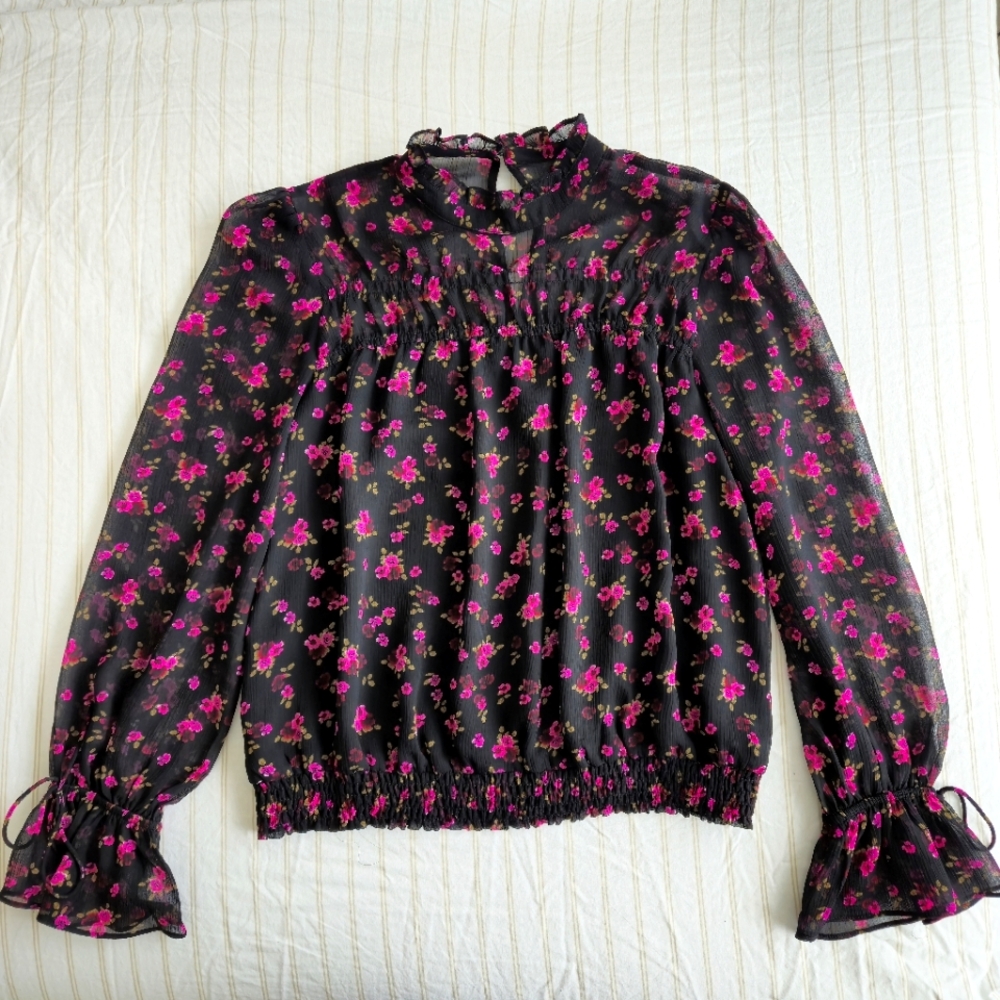 Express black pink Floral Chiffon long sleeve peasant Blouse size S mock neck